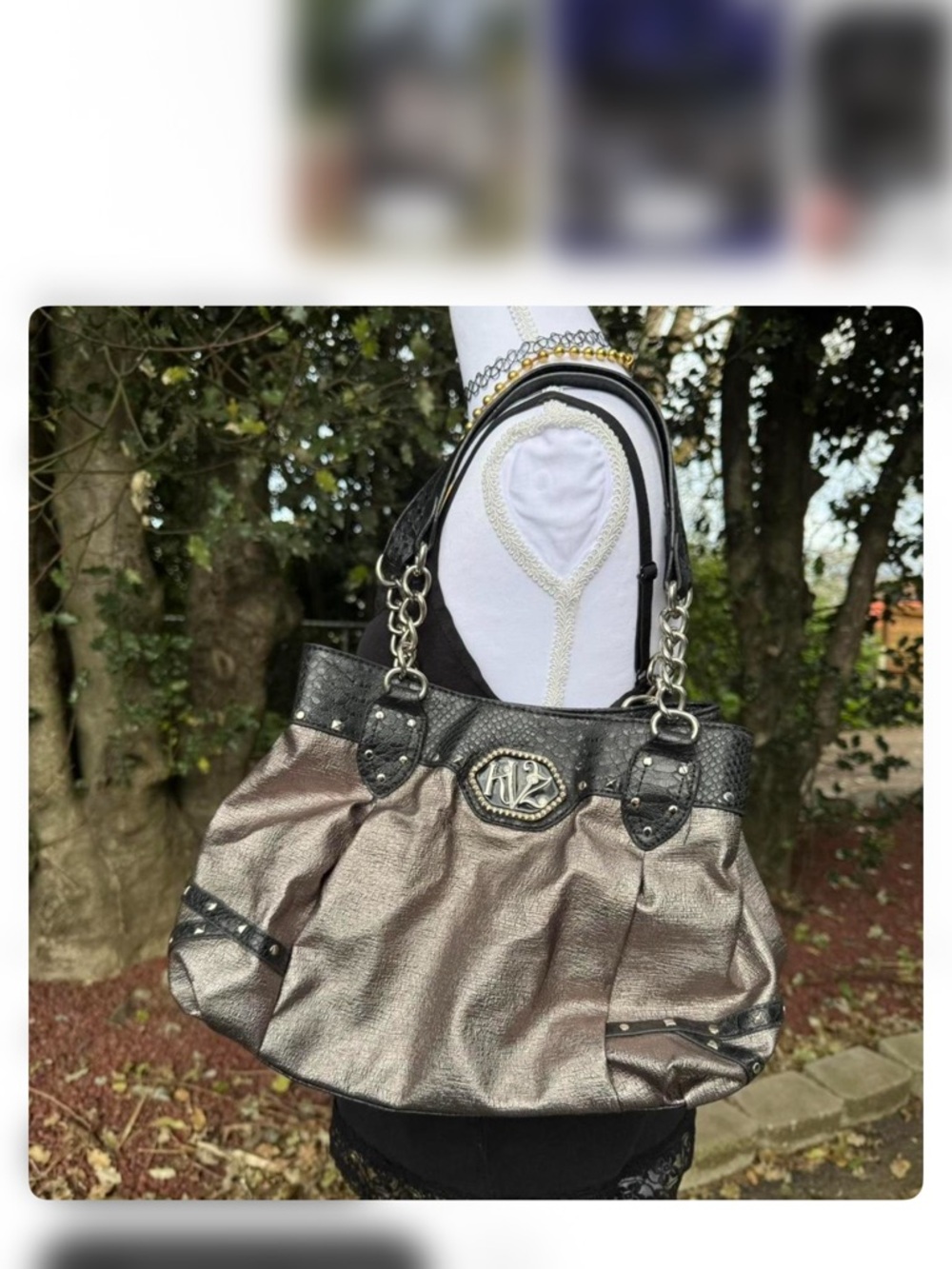 Kathy Van Zeeland Metallic Pewter Shoulder Bag with Black Trim